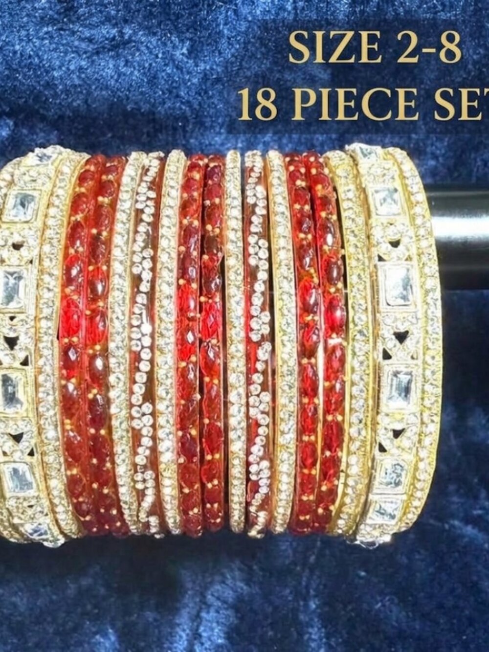 18pc Indian Traditional Red & Gold Rhinestone Bangle Set for Women - Ethnic